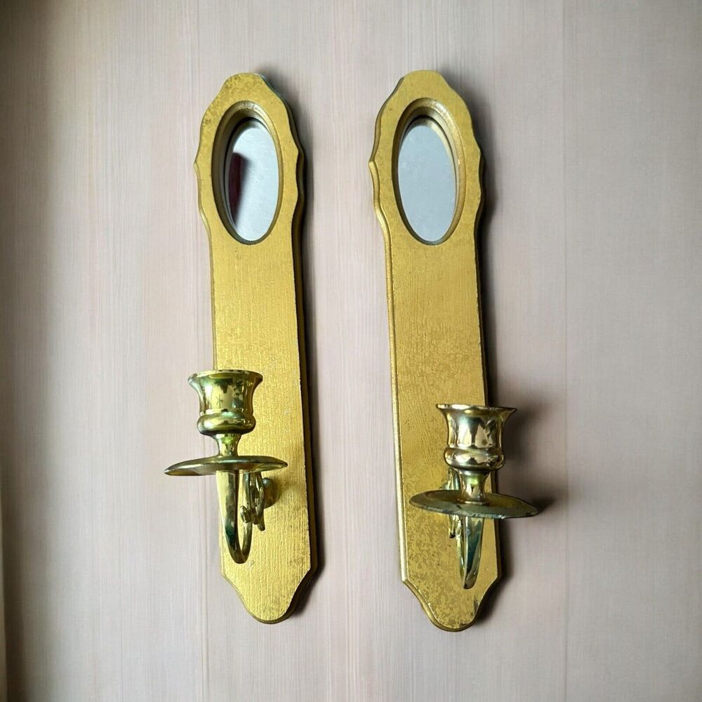 VTG 2 Home Interiors Gold Wood Mirrored Wall Sconces Brass Candle Holders